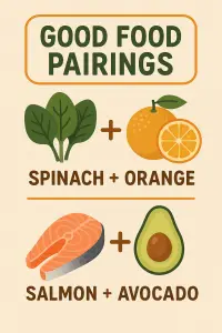 Food combining for nutrient absorption – spinach with orange and salmon with avocado