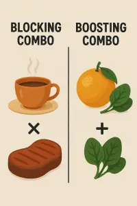 Alt: Food combining for nutrient absorption – tea blocks iron, orange boosts spinach iron absorption