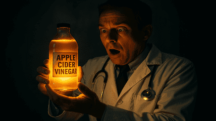 Doctor holding a glowing bottle of apple cider vinegar with a surprised expression, symbolizing its unexpected health benefits.