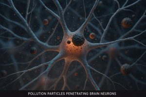 Microscopic rendering of pollution particles damaging neurons inside the brain.