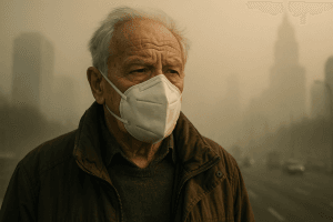 Older adult wearing a face mask in a polluted city, protecting against smog-related brain risks.