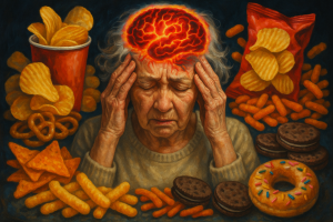 Senior woman overwhelmed by ultra-processed snacks damaging her brain