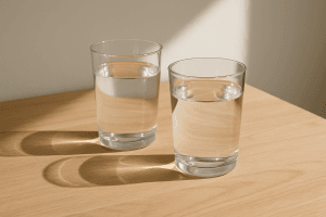 Two glasses of water on a sunlit table symbolizing hydration and wellness.