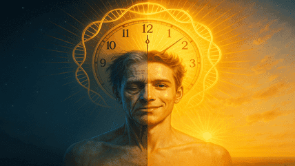 Split portrait of young and old man with circadian clock in background, symbolizing how body rhythms influence aging and longevity.