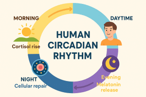 Medical infographic showing circadian rhythm with sleep, eating, and hormone cycles.