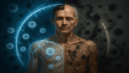 Split portrait of man showing strong immune defenses on one side and immune decline with aging on the other, symbolizing immune system aging and longevity