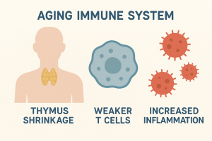 Medical diagram showing immune system cells aging, including shrinking thymus and reduced T cells.