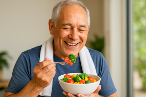 Healthy older adult exercising and eating colorful foods to strengthen the immune system.
