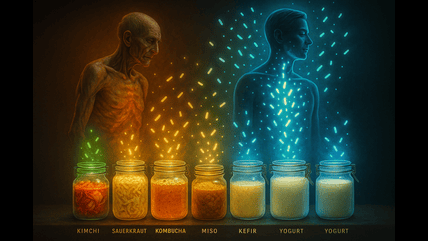 "Probiotic foods like kimchi, sauerkraut, kombucha, miso, kefir, and yogurt transforming gut health and vitality"