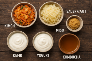 Selection of global fermented foods including kimchi, sauerkraut, yogurt, and miso