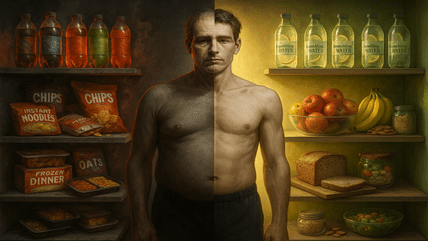 Split pantry scene with a man centered; left shows ultra-processed snacks and sugary drinks, right shows whole foods and water—illustrating simple healthy swaps.