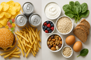 Split scene of ultra-processed snacks vs whole-food alternatives on a table.