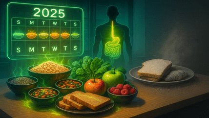 High-fiber foods (oats, lentils, beans, greens, apples, raspberries, whole-grain toast) beside a glowing “2025” meal calendar and a digestive-tract silhouette; white bread/croissant shown as lower-fiber contrast.