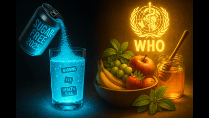 Glowing “sugar-free 2025” can pouring into a glass with “warning/health risk” labels; on the right, fruit, honey, stevia leaves, and a bright WHO emblem.