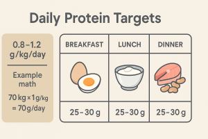 Simple infographic showing daily protein ranges (0.8–1.2 g/kg) and a three-meal plan with ~25–30 g protein each meal.