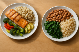 Top-down photo of a balanced plate showing salmon, quinoa, and vegetables alongside a plant plate with beans, brown rice, and greens.