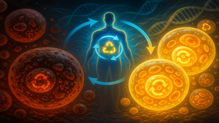 Futuristic illustration of autophagy showing old cells being recycled into glowing youthful ones, with a human silhouette and circular energy arrows symbolizing longevity