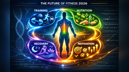 Futuristic fitness illustration showing training, nutrition, recovery, and motivation as a complete system for health and longevity in 2026