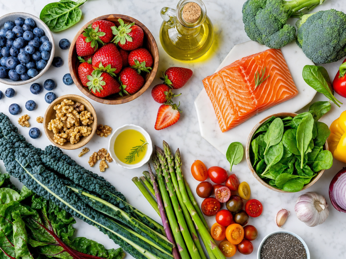 Anti-aging foods including berries olive oil salmon and leafy greens on marble
