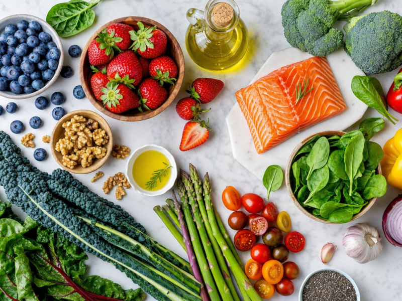 Anti-aging foods including berries olive oil salmon and leafy greens on marble