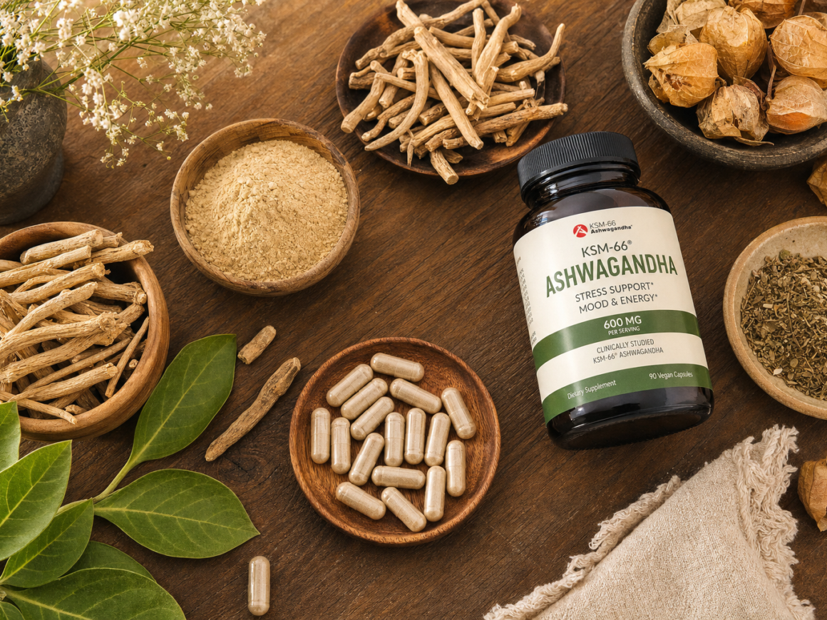 Ashwagandha root powder and KSM-66 capsules with calming herbs representing ashwagandha benefits for stress
