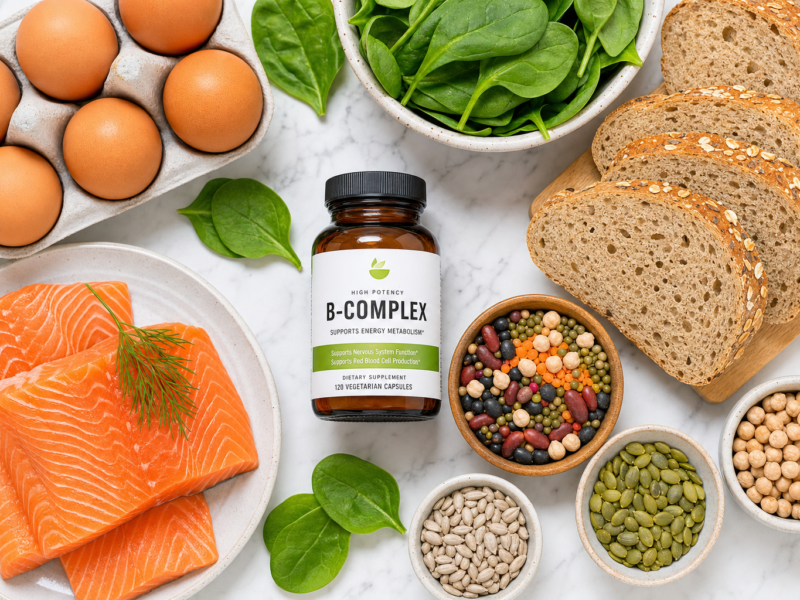 B vitamin rich foods including eggs meat leafy greens and B complex supplement capsules
