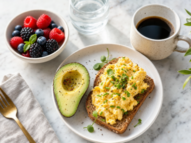 Healthy balanced breakfast with eggs avocado berries and whole grain toast for blood sugar stability