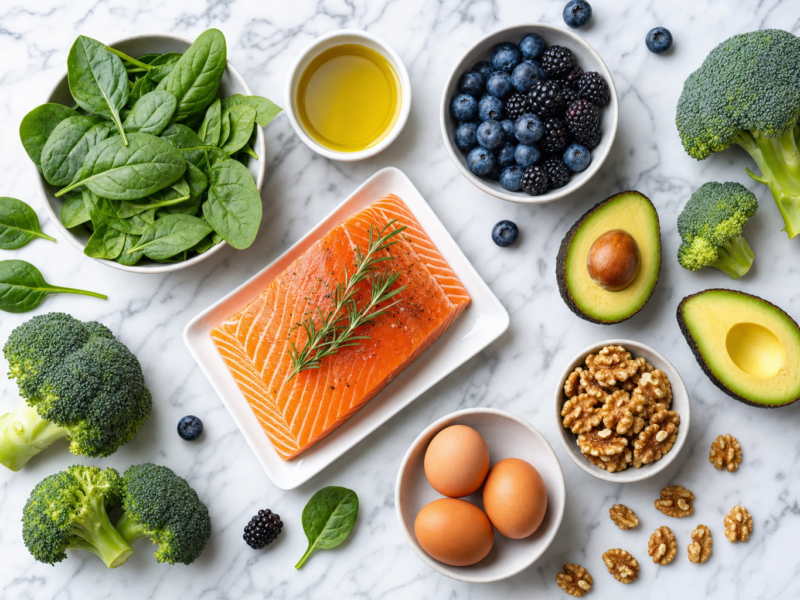 Colorful array of blood sugar friendly foods including berries, salmon, avocado, nuts and leafy greens on marble