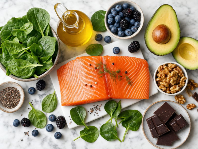 Colorful array of heart-healthy foods including salmon, berries, avocado, nuts and leafy greens