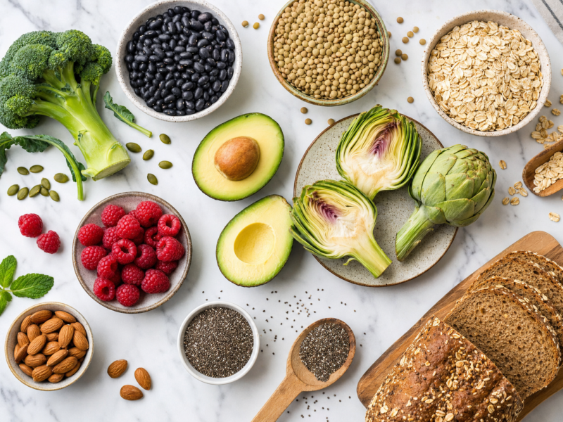 Top view of high fiber foods including legumes nuts seeds vegetables and whole grains arranged on marble