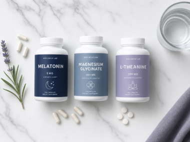 Melatonin magnesium and L-theanine sleep supplements on a clean white surface