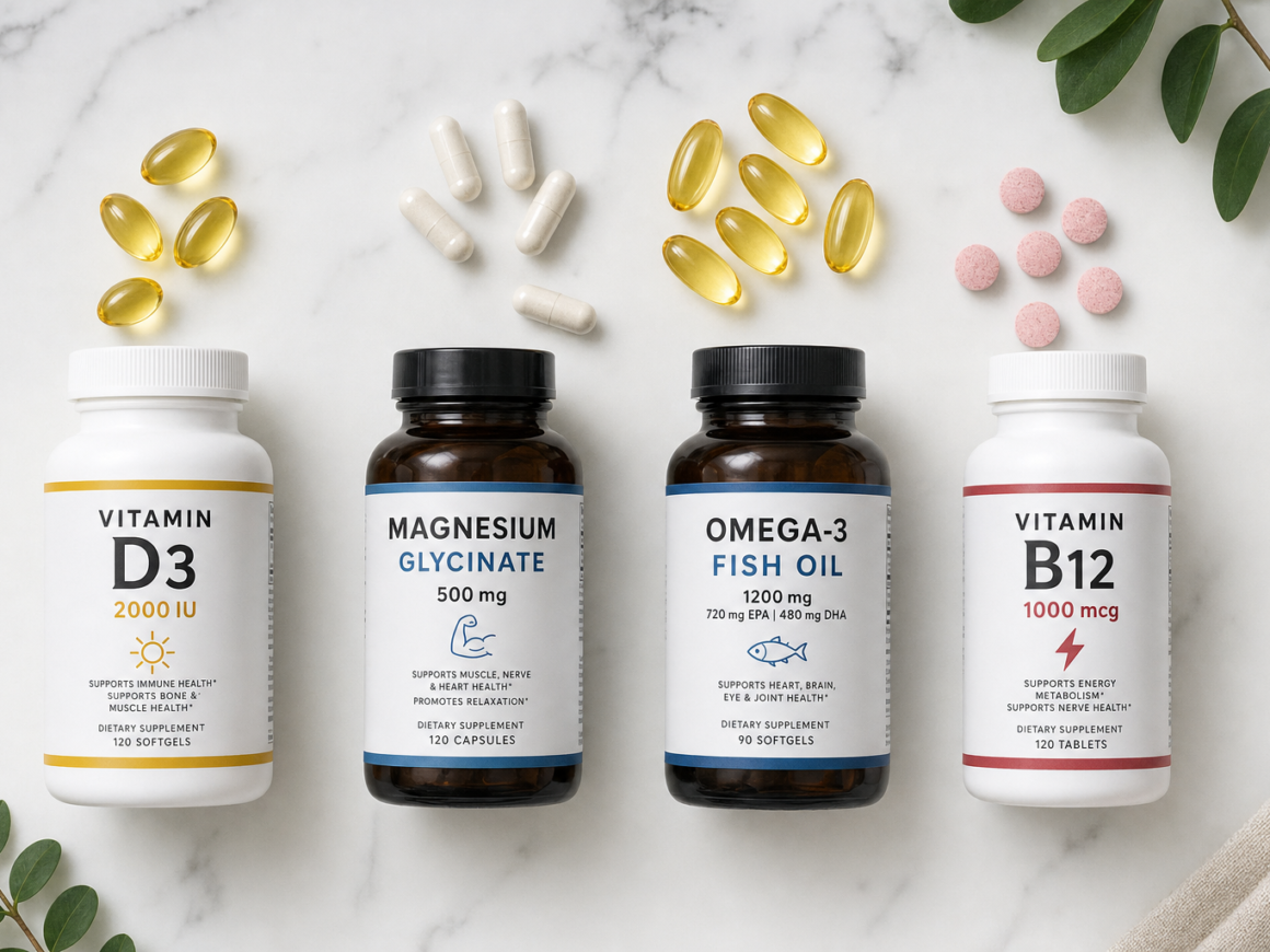 Best health supplements vitamin D magnesium omega-3 and B12 on white marble