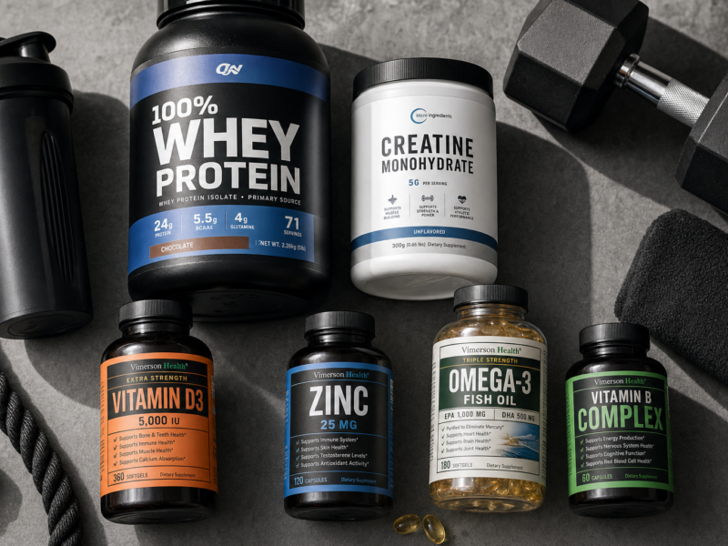 Best supplements for men including protein creatine zinc and vitamin D on gym surface