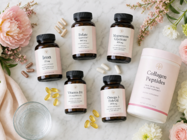 Best supplements for women including iron folate magnesium and vitamin D on white marble