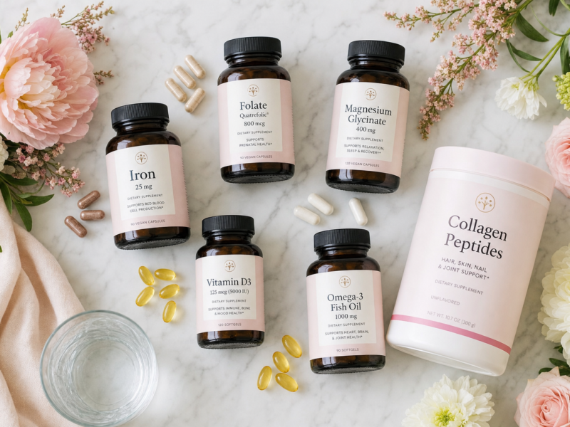 Best supplements for women including iron folate magnesium and vitamin D on white marble