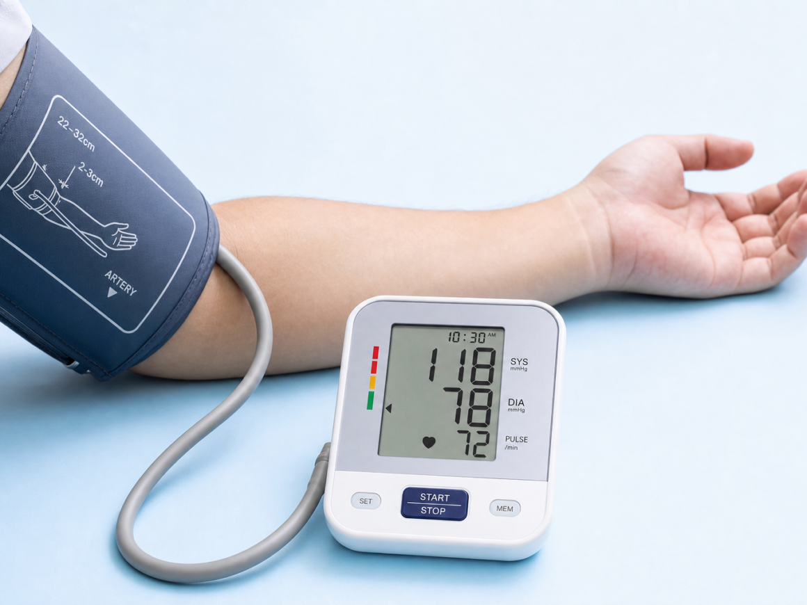 Blood pressure monitor cuff on an arm showing healthy readings for heart health