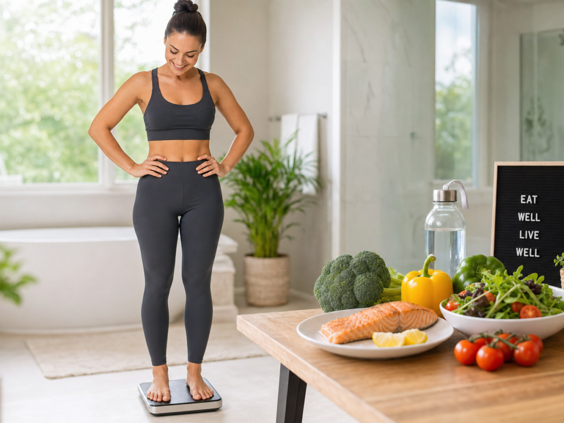 Person standing on a scale next to healthy foods representing blood sugar and weight loss connection