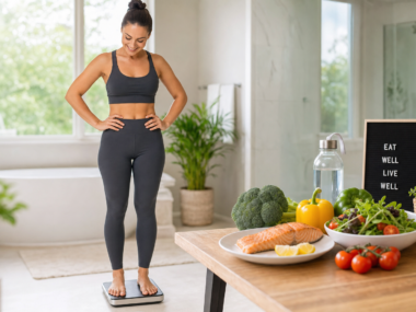 Person standing on a scale next to healthy foods representing blood sugar and weight loss connection