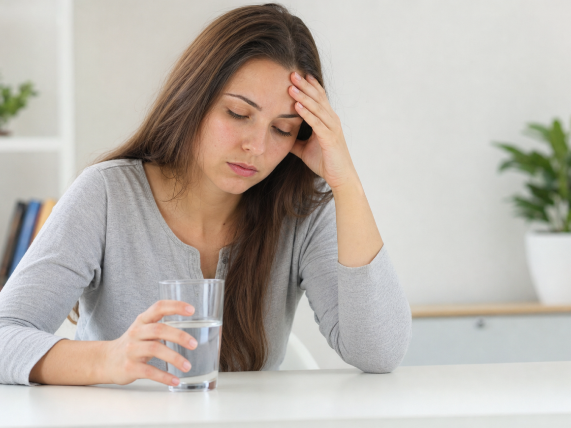 Person experiencing blood sugar symptoms holding glass of water looking fatigued