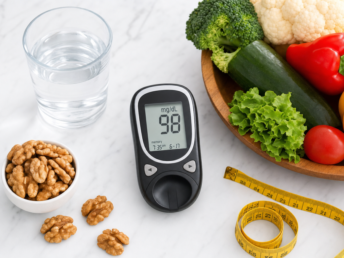 Blood sugar health essentials including a glucose meter, fresh vegetables, and healthy foods on white marble