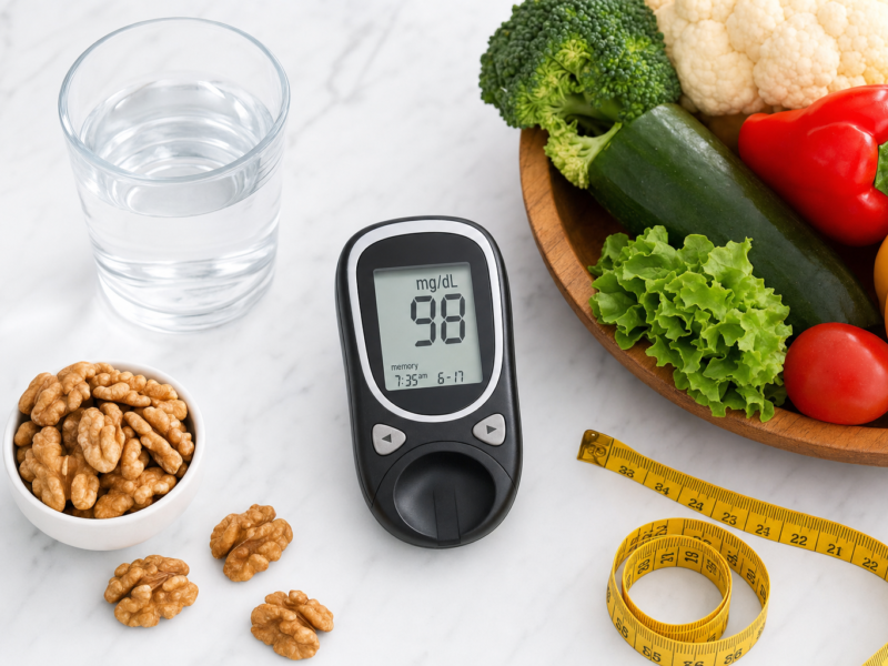Blood sugar health essentials including a glucose meter, fresh vegetables, and healthy foods on white marble