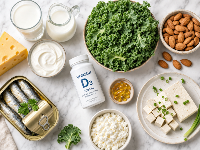 Calcium rich foods dairy leafy greens and woman doing weight bearing exercise for bone health