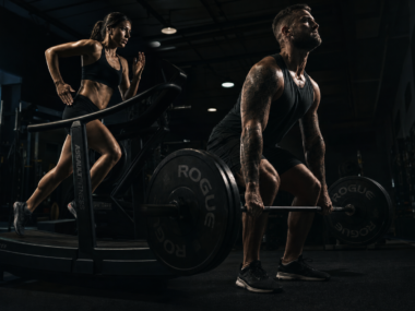 Split image concept of cardio running and strength training in a dark gym