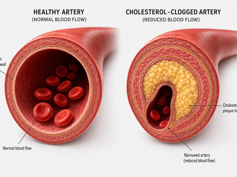 Medical cholesterol diagram showing HDL and LDL levels in arteries for heart health education