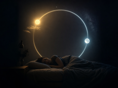 Conceptual dark image of a glowing sun-to-moon cycle over a sleeping figure, symbolizing circadian rhythm and longevity
