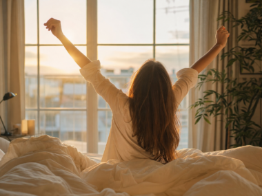 Sun rising over a person waking up representing circadian rhythm and body clock sleep control