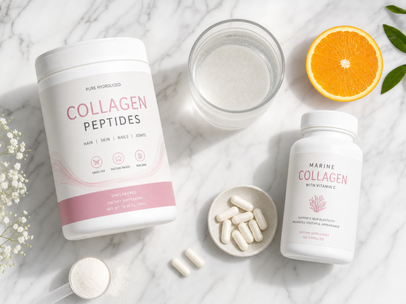 Collagen peptide powder in a glass of water next to healthy skin and joints representing collagen supplements