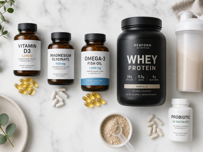 Complete guide to supplements with various supplement bottles on white marble