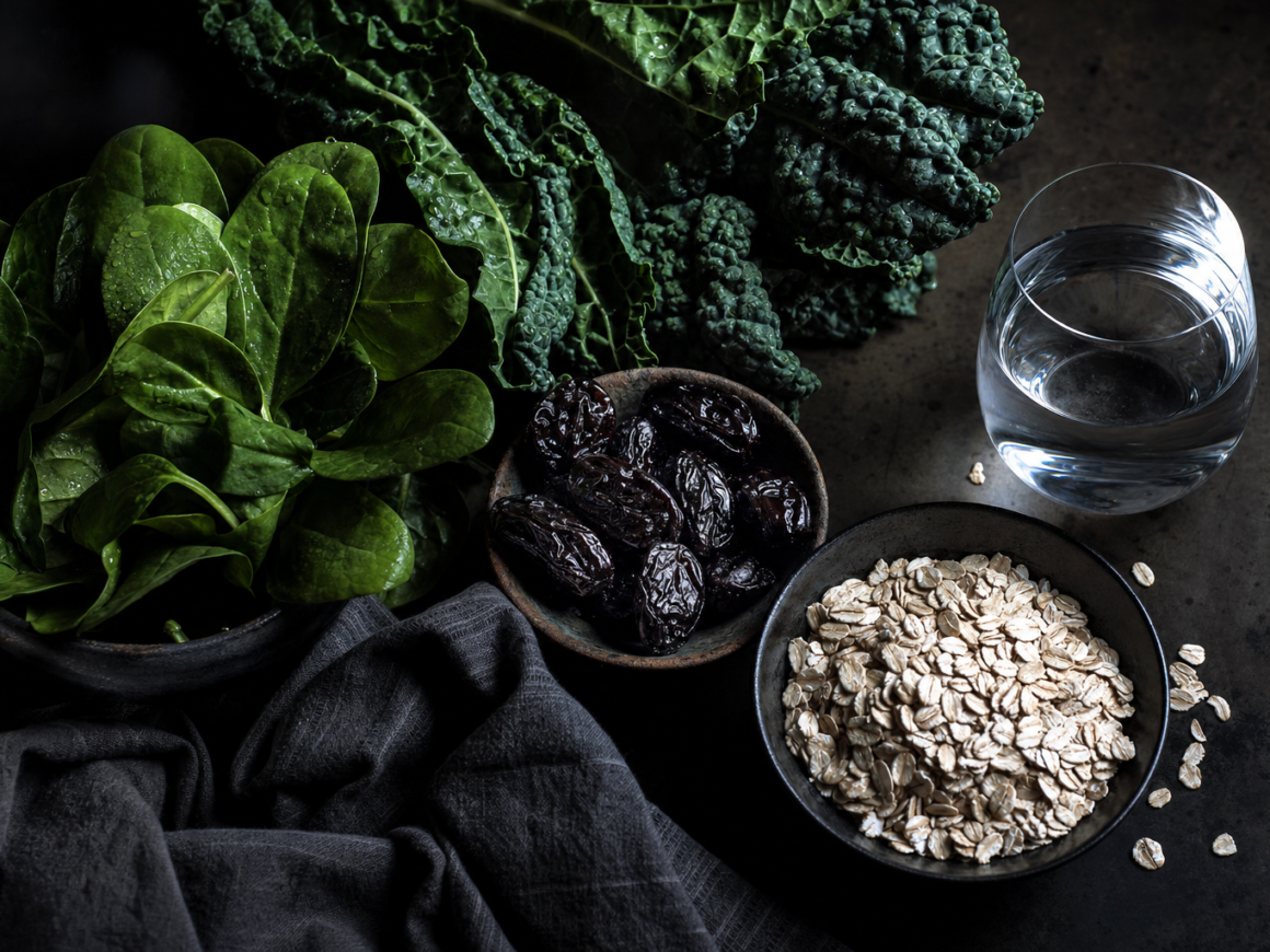 Dark moody image of fiber-rich foods like fruits, vegetables and water, representing natural constipation relief