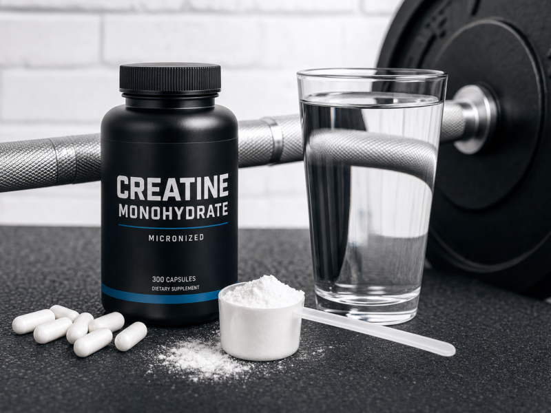 Creatine monohydrate powder and capsules on gym surface representing creatine benefits for strength